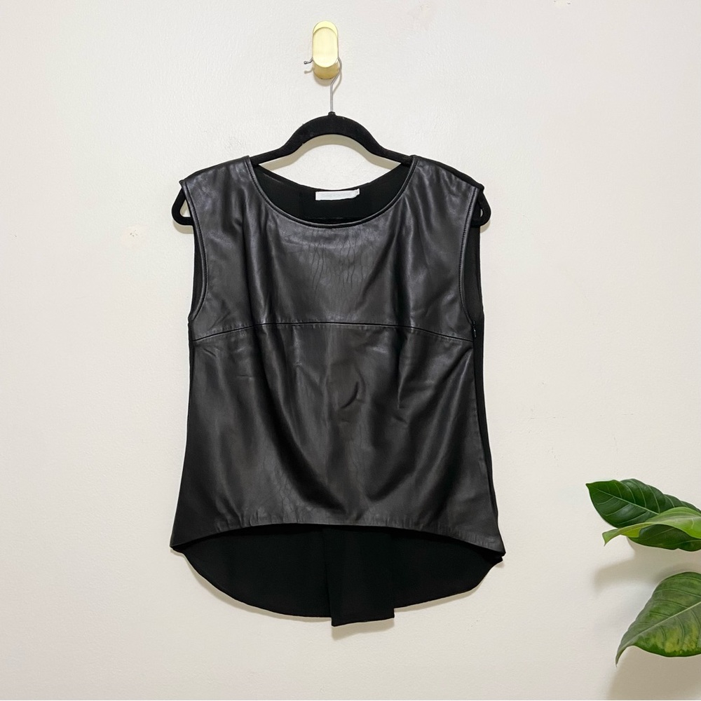 Anne Fontaine Black Lambskin Leather Chiffon Sleeveless Crewneck Top